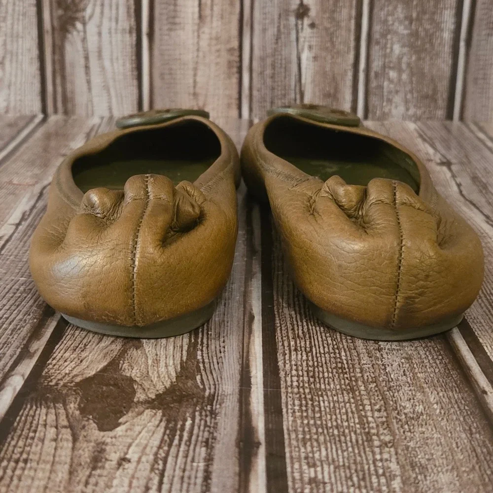 Sz 8 M Tory Burch Reva Olive Green Leather Comfort Ballet Flats Shoes VGUC